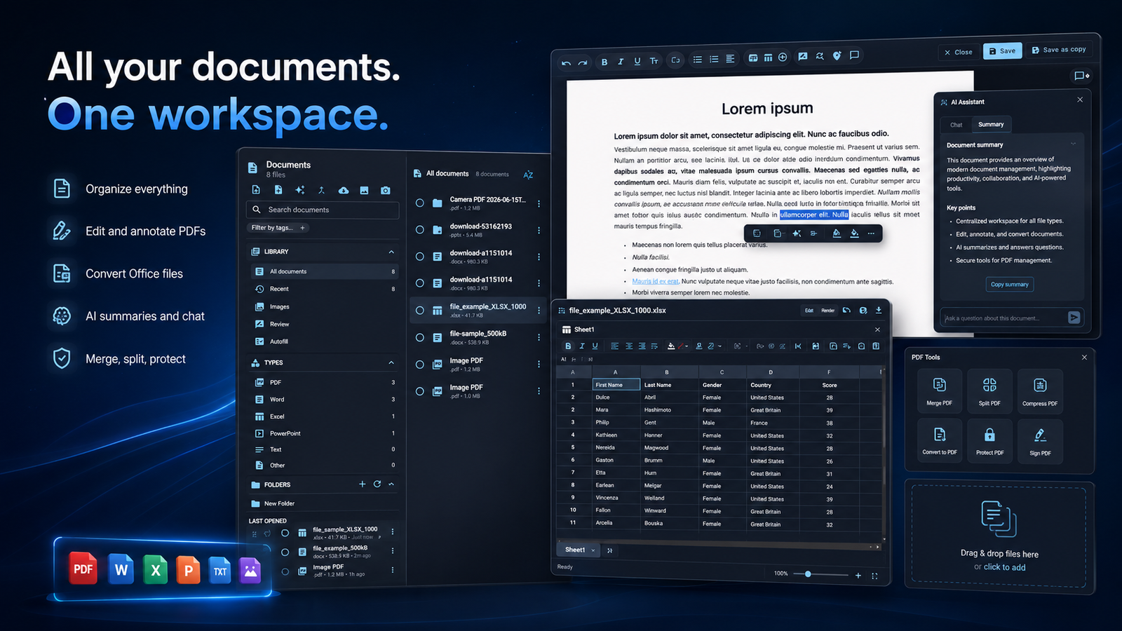 Docs library screen with folders, document cards, preview, search, and sync status